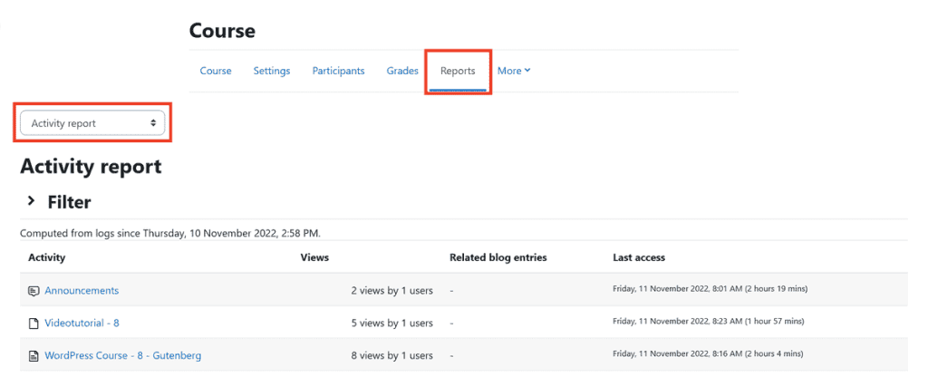 Moodle Reports Activity Report