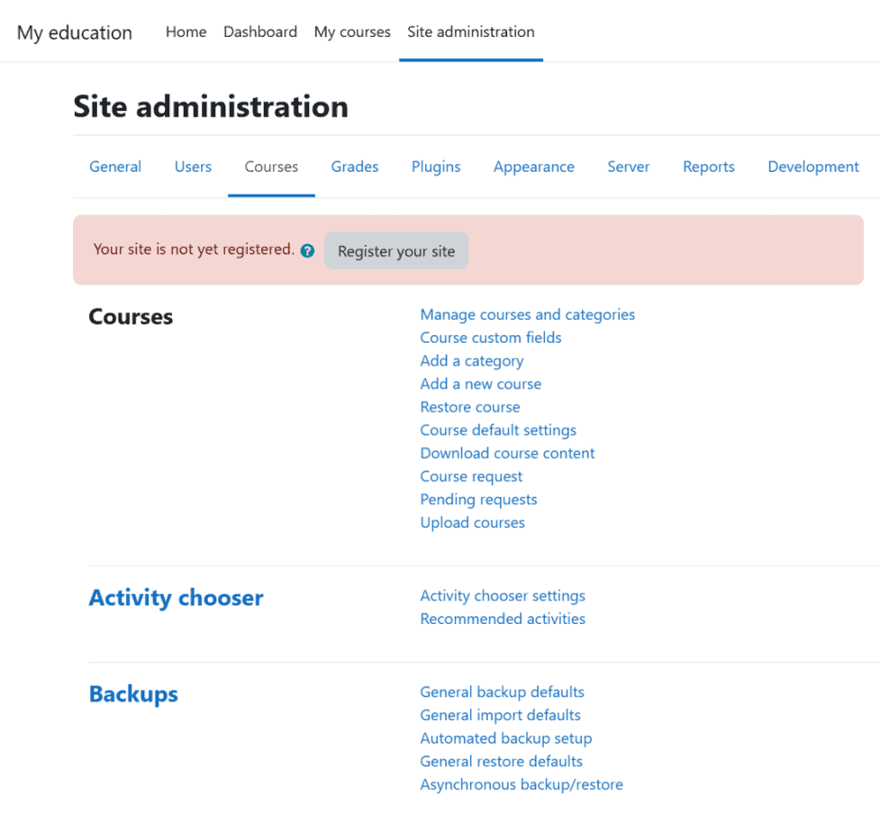 Moodle Site Administration Courses Settings