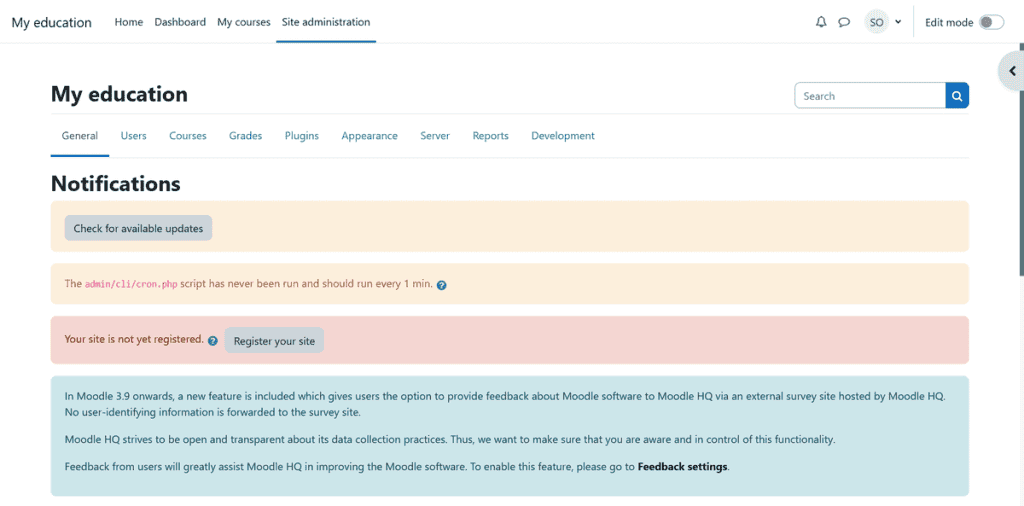 Moodle Site Administration Notifications
