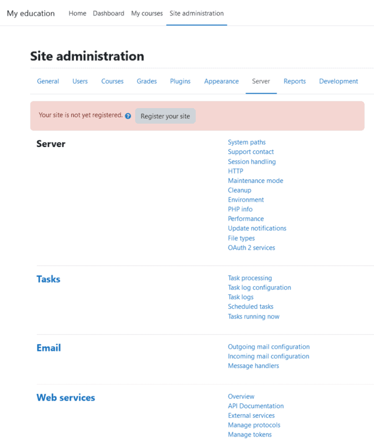 Moodle Site Administration Server Settings