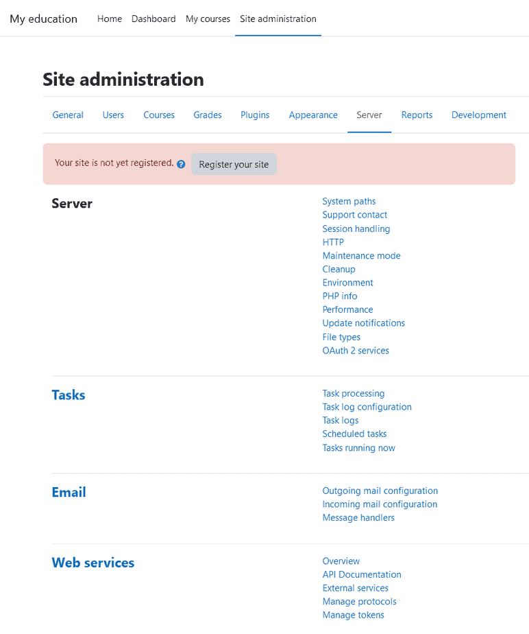 Moodle Site Administration Server Settings