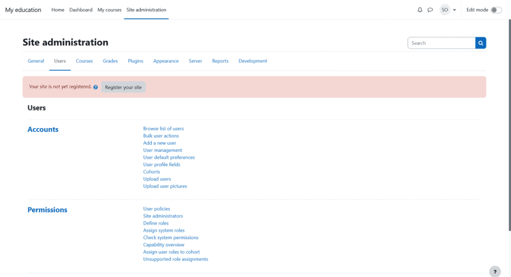 Moodle Site Administration User Settings