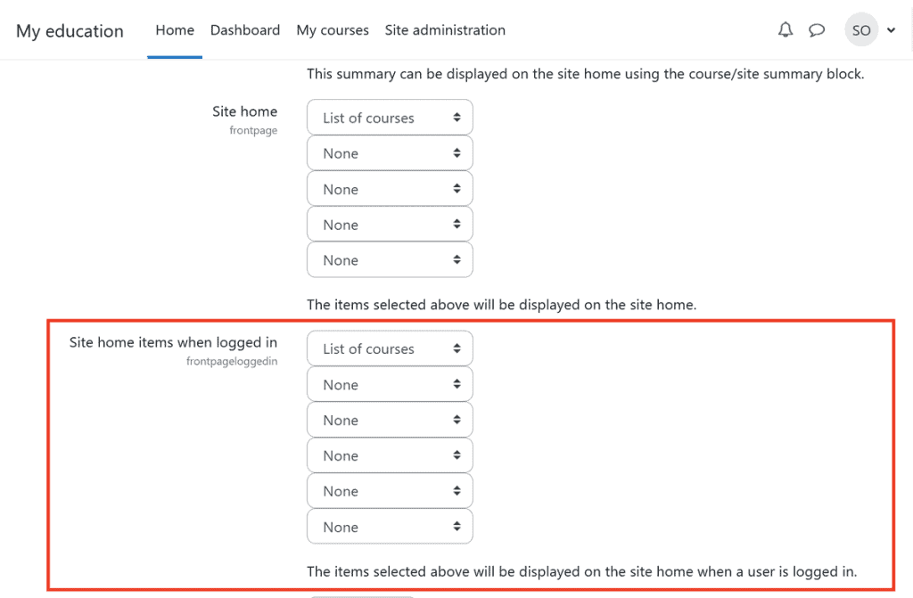 Moodle Site Home Items When Logged In