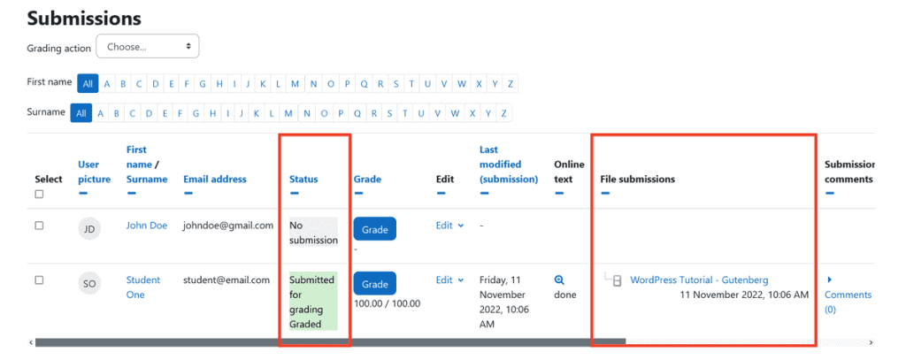 Moodle Submissions List