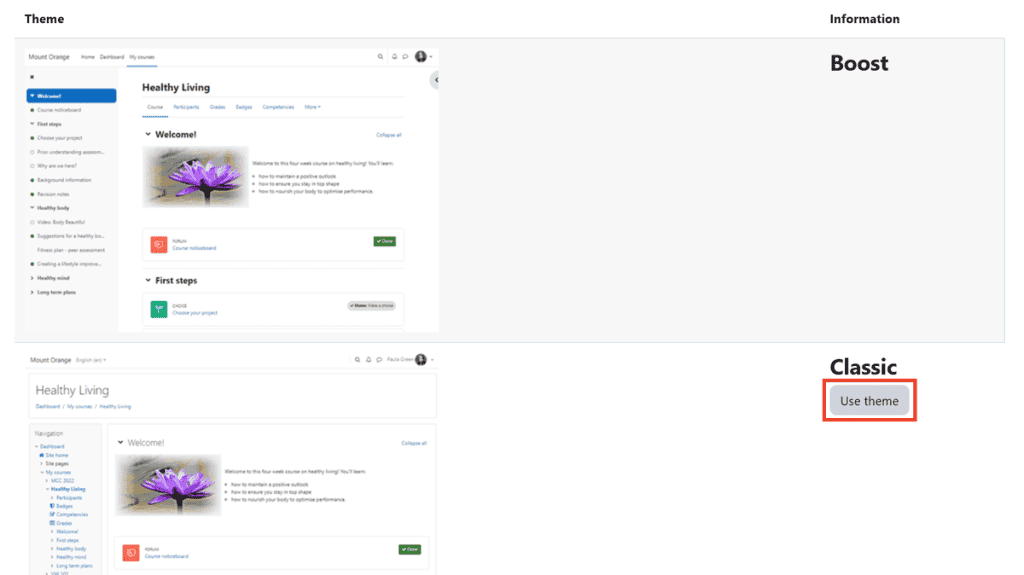 Moodle Use Classic Theme