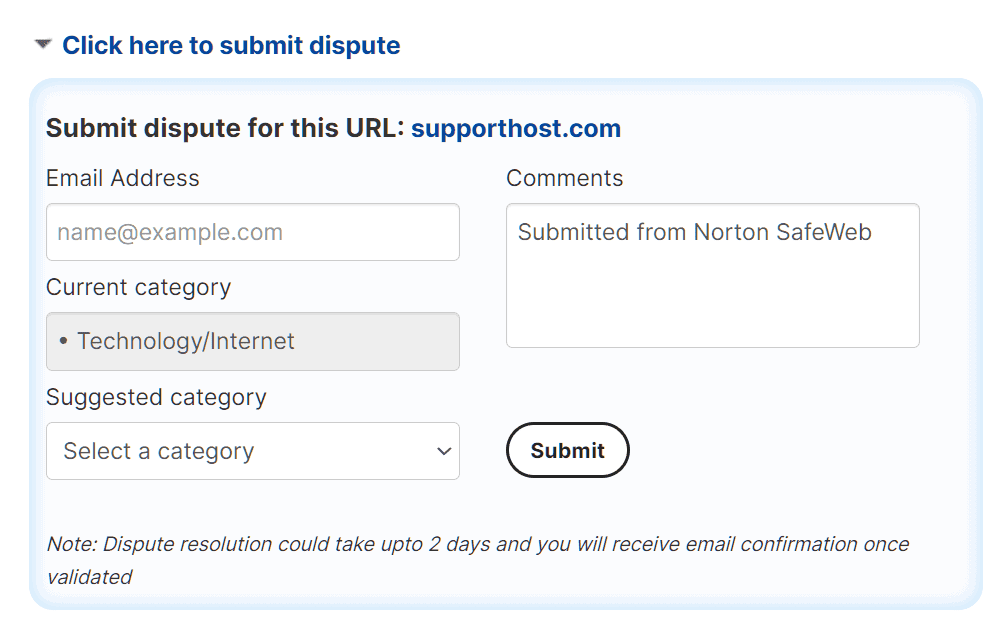 Norton Safe Web Submit Dispute