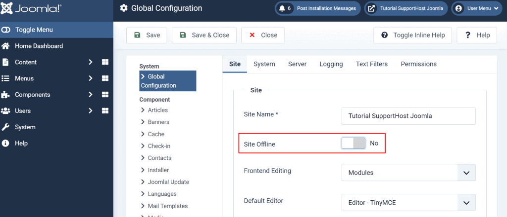 Site Offline Joomla Settings