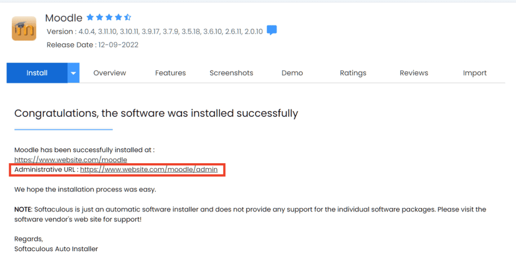 Softaculous Moodle Installed Successfully