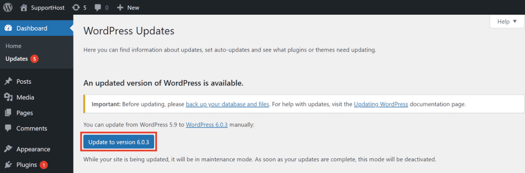 Update WordPress Button