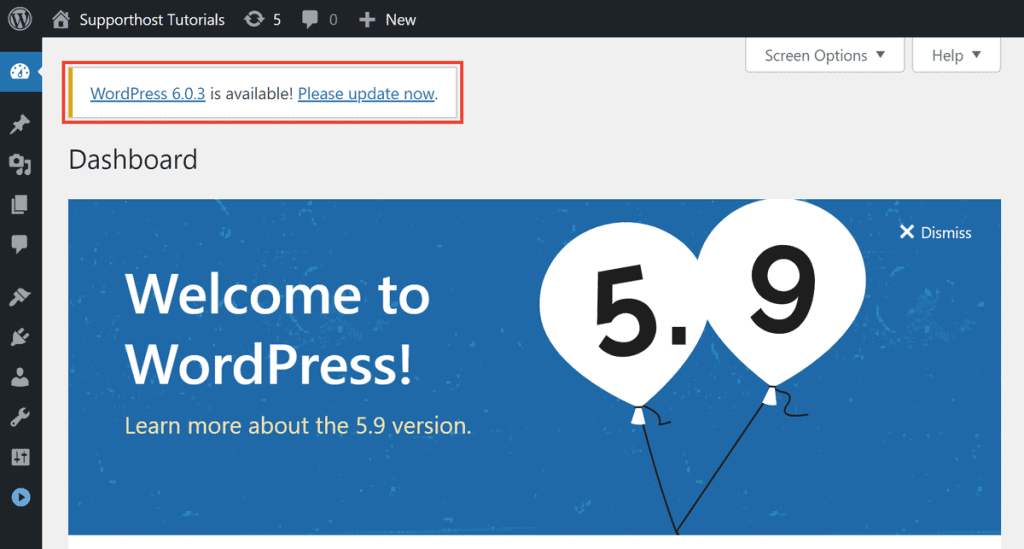 Update WordPress Dashboard Message