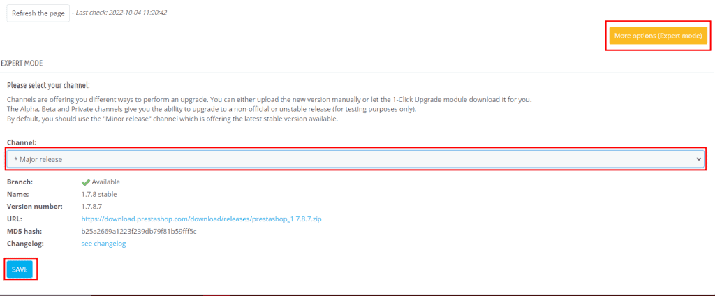 1 Click Upgrade Prestashop Expert Mode More Options