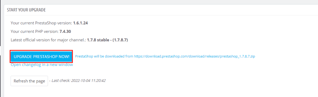 1 Click Upgrade Prestashop Update Now Button