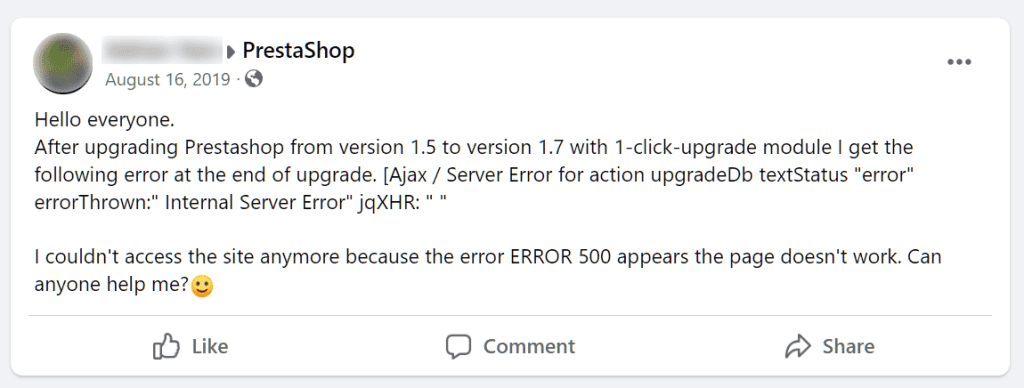 Facebook Post Prestashop Upgrade Error