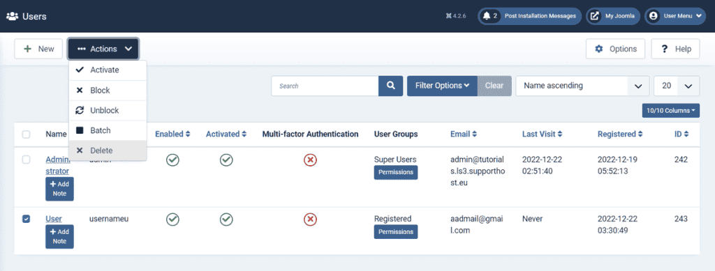 Joomla Delete Users