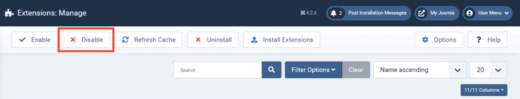 Joomla Disable Extensions