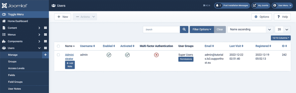 Joomla Manage Users Settings