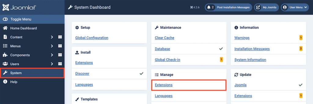 Joomla System Extensions Settings