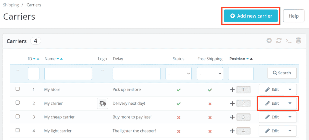 Prestashop Carriers Setting