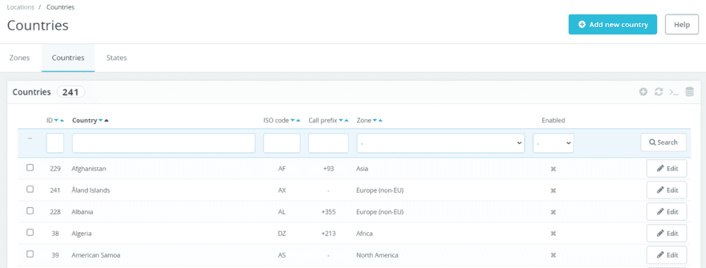 Prestashop Countries Settings