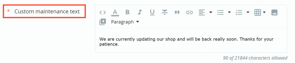 Prestashop Custom Maintenance Text