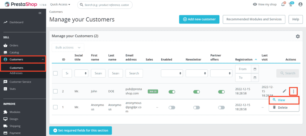 Prestashop Customers View Customer