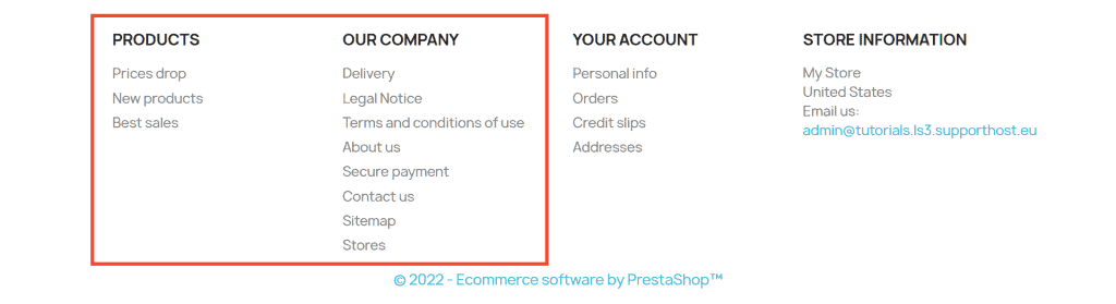 Prestashop Footer Product And Our Company Section
