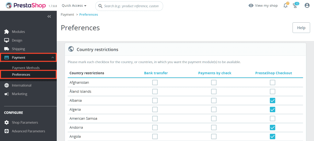 Prestashop Payment Preferences
