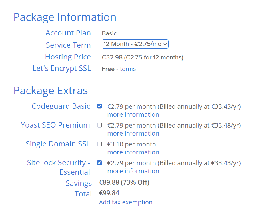 Bluehost Order Plan Addons