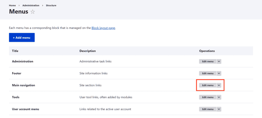 Drupal Edit Main Navigation Menu