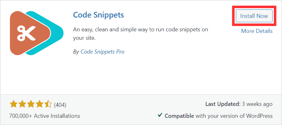 Install Code Snippet WordPress Plugin