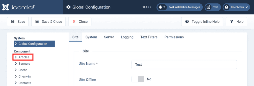 Joomla Global Articles Configuration Settings