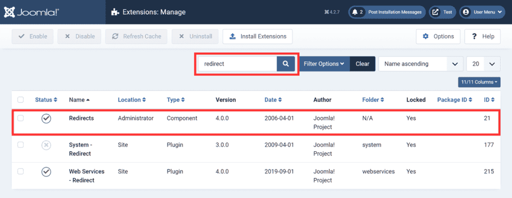 Joomla Redirect Plugin Enabled