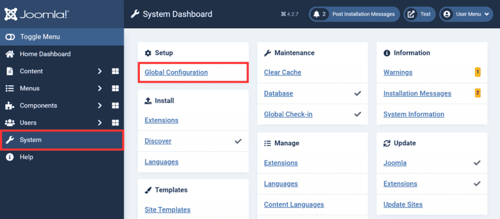 Joomla System Global Configuration Settings