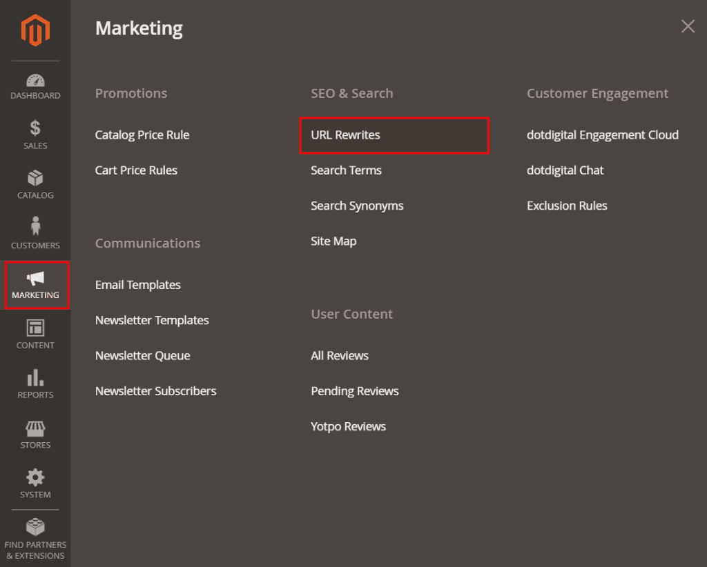 Magento Marketing Url Rewrites Settings