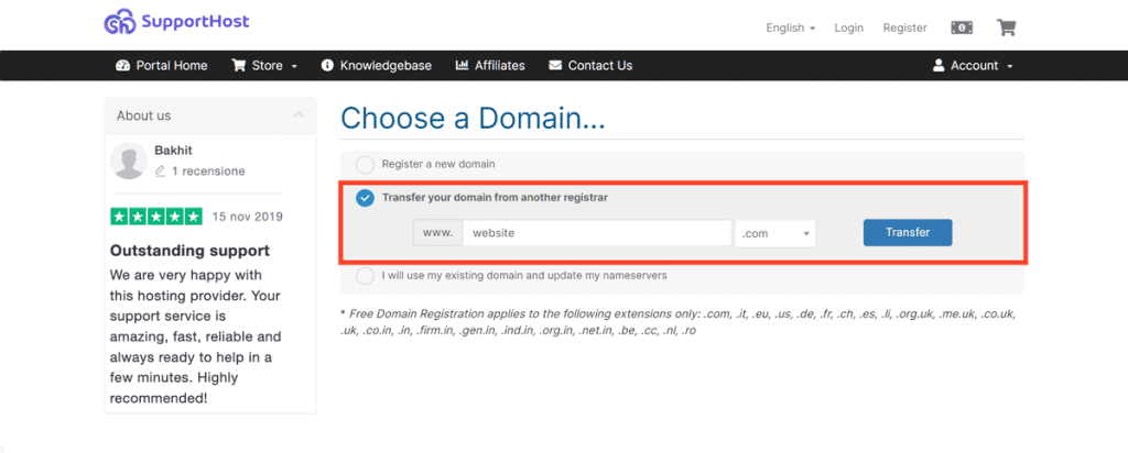 Order A Supporthost Plan With Transfer Domain