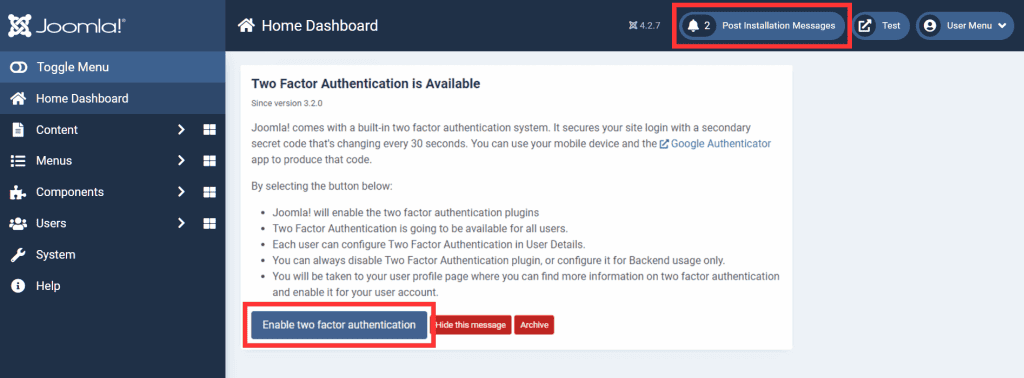 Joomla Security Enable Multi Factor Autentication