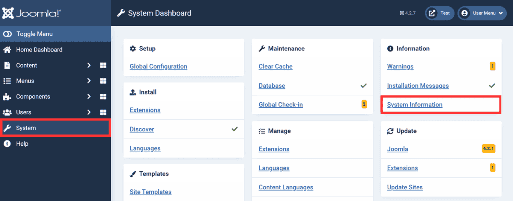 Joomla System Information Settings