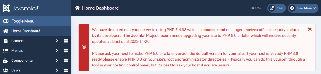 Joomla Warning Update Php Version