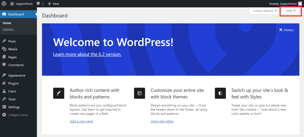 Wordpress Dashboard Help Settings