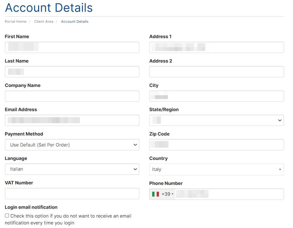 Edit Account Details Invoice Supporthost