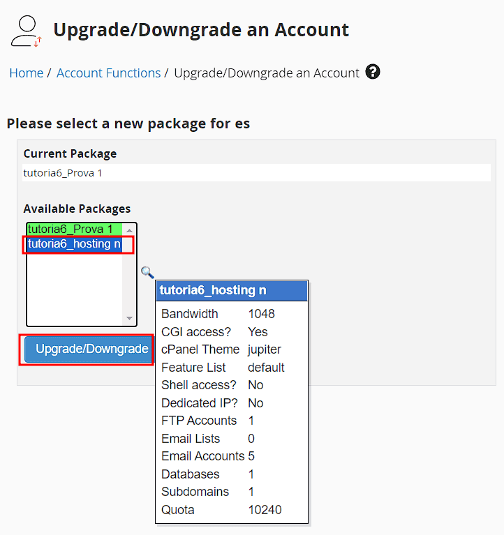 Change Package Cpanel Account Whm