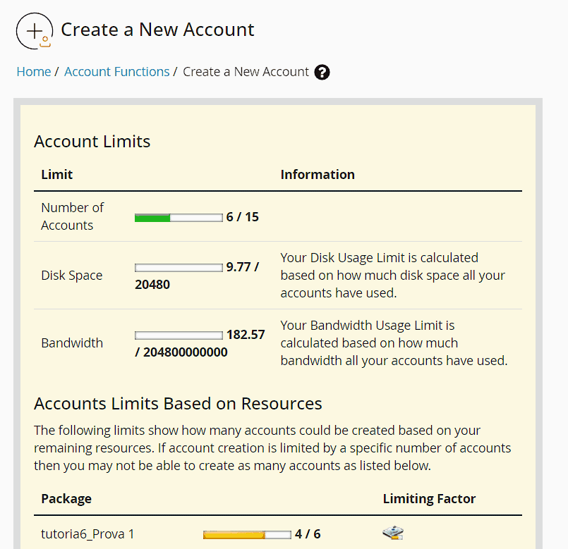 Create New Sub Account Whm Resource Limits