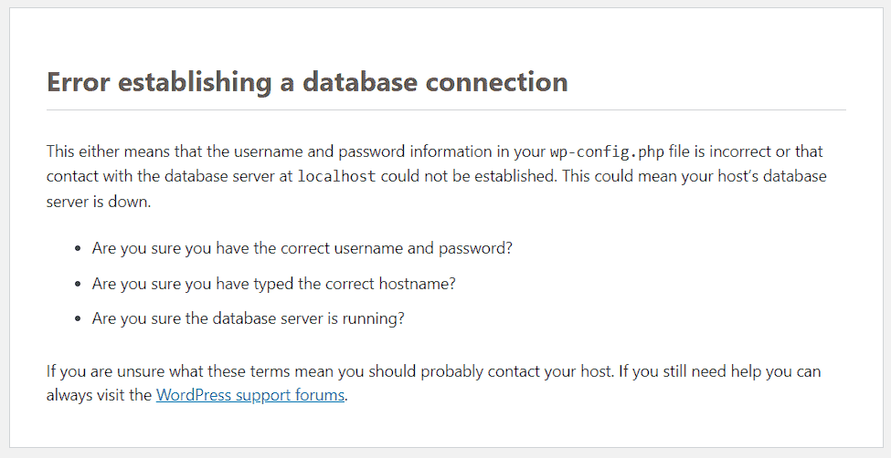 Error Establishing A Database Connection Notice