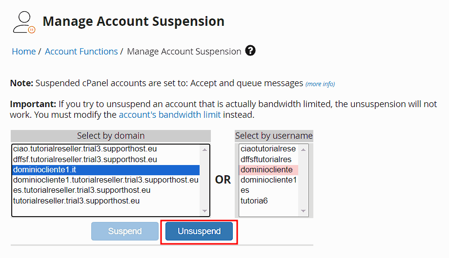 How To Unsuspend With Manage Account Suspension Whm Tool