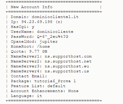 New Account Info Cpanel Whm