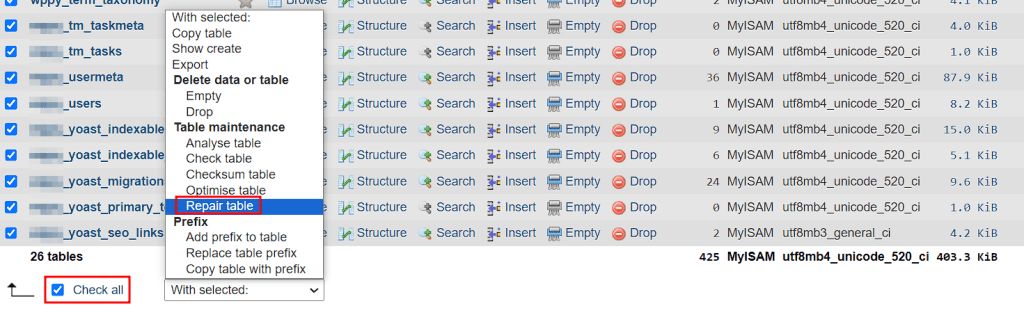 Repair Table Phpmyadmin