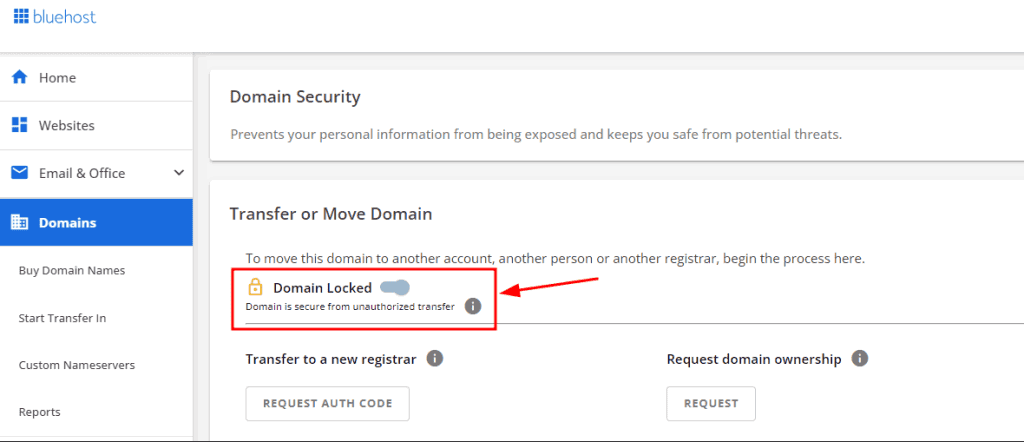 Disable Domain Lock Bluehost