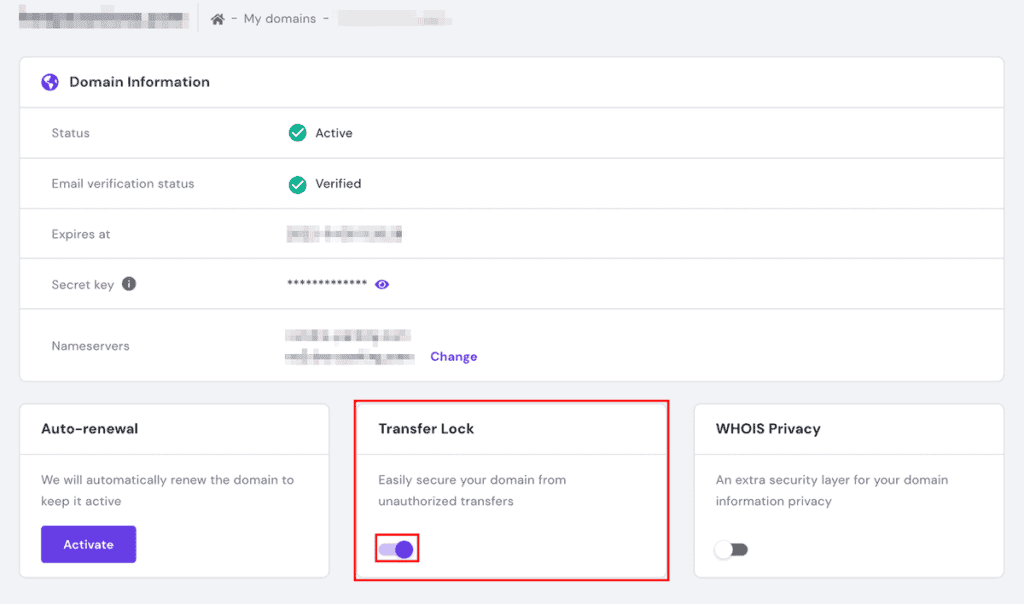 Disable Transfer Lock Domain Hostinger