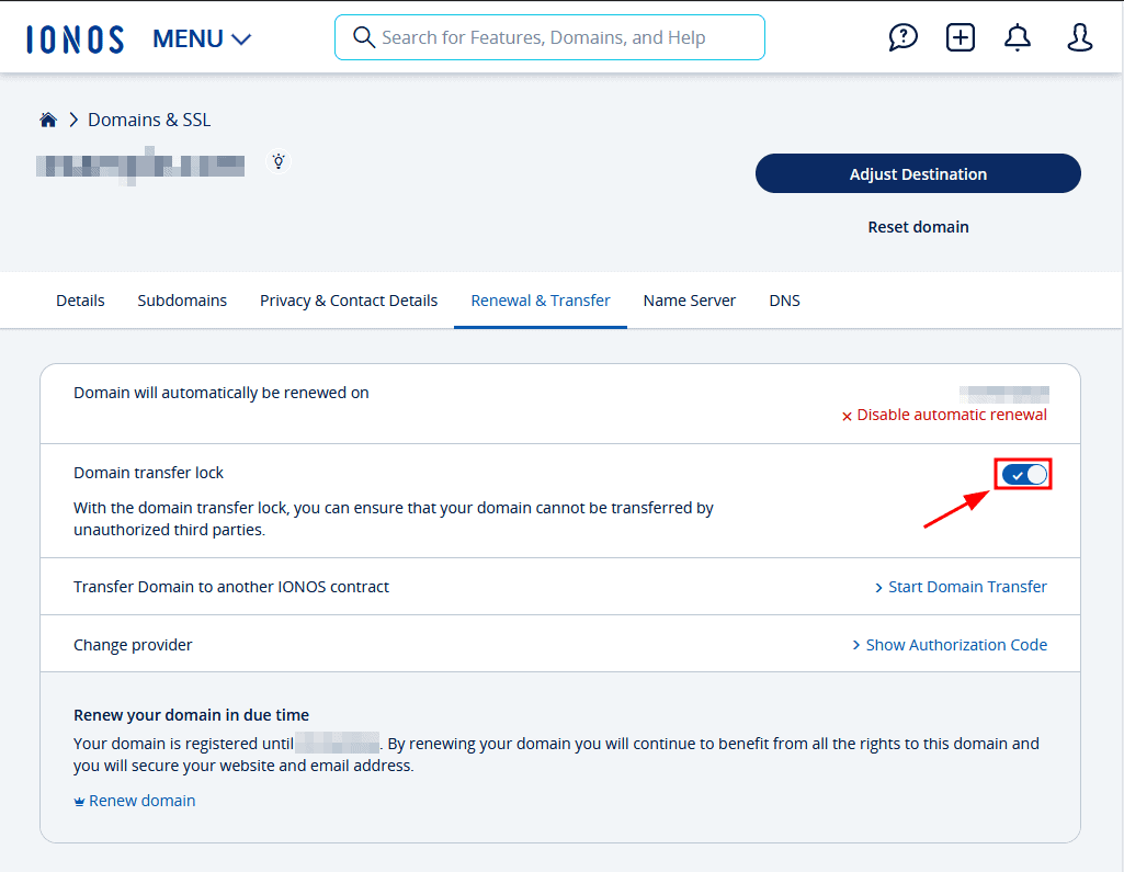 Ionos Disable Transfer Lock