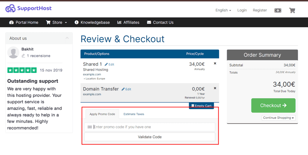 Promo Code Supporthost Cart